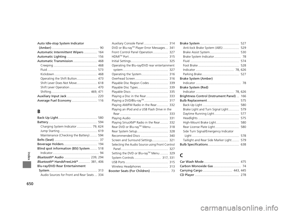 HONDA PILOT 2016 3.G Owners Manual 650
Index
Auto Idle-stop System Indicator (Amber) .....................................................  90
Automatic Intermittent Wipers ............... 164
Automatic Lighting .......................