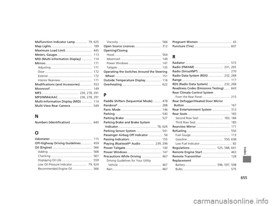 HONDA PILOT 2016 3.G Workshop Manual 655
Index
Malfunction Indicator Lamp.............  79, 625
Map Lights ................................................  189
Maximum Load Limit ...............................  445
Meters, Gauges .....