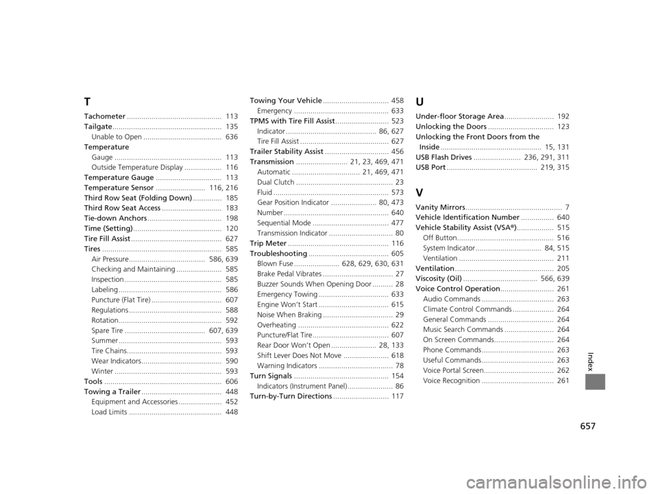 HONDA PILOT 2016 3.G Owners Manual 657
Index
T
Tachometer..............................................  113
Tailgate .....................................................  135
Unable to Open ......................................  636
