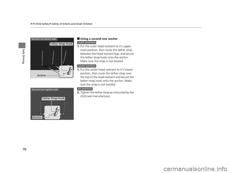 HONDA PILOT 2016 3.G Manual PDF 70
uuChild Safety uSafety of Infants and Small Children
Safe Driving
■Using a second row anchor
1. Put the outer head restraint to it’s upper-
most position, then route the tether strap
between t HONDA PILOT 2016 3.G Manual PDF 70
uuChild Safety uSafety of Infants and Small Children
Safe Driving
■Using a second row anchor
1. Put the outer head restraint to it’s upper-
most position, then route the tether strap
between t