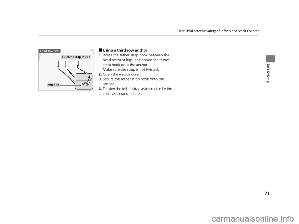 HONDA PILOT 2016 3.G Manual PDF 71
uuChild Safety uSafety of Infants and Small Children
Safe Driving
■Using a third row anchor
1. Route the tether strap hook between the
head restraint legs, and secure the tether
strap hook onto HONDA PILOT 2016 3.G Manual PDF 71
uuChild Safety uSafety of Infants and Small Children
Safe Driving
■Using a third row anchor
1. Route the tether strap hook between the
head restraint legs, and secure the tether
strap hook onto