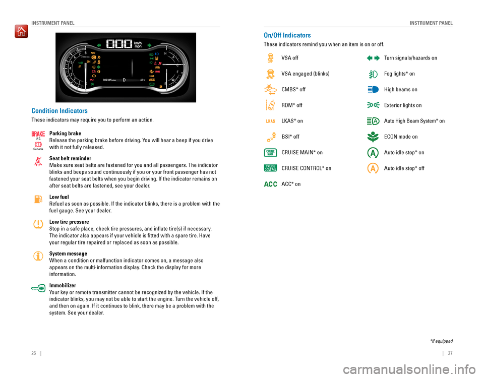 HONDA PILOT 2016 3.G Quick Guide 26    ||    27
       INSTRUMENT PANELINSTRUMENT PANEL
Condition Indicators
These indicators may require you to perform an action.
Parking brake
Release the parking brake before driving. You will hear