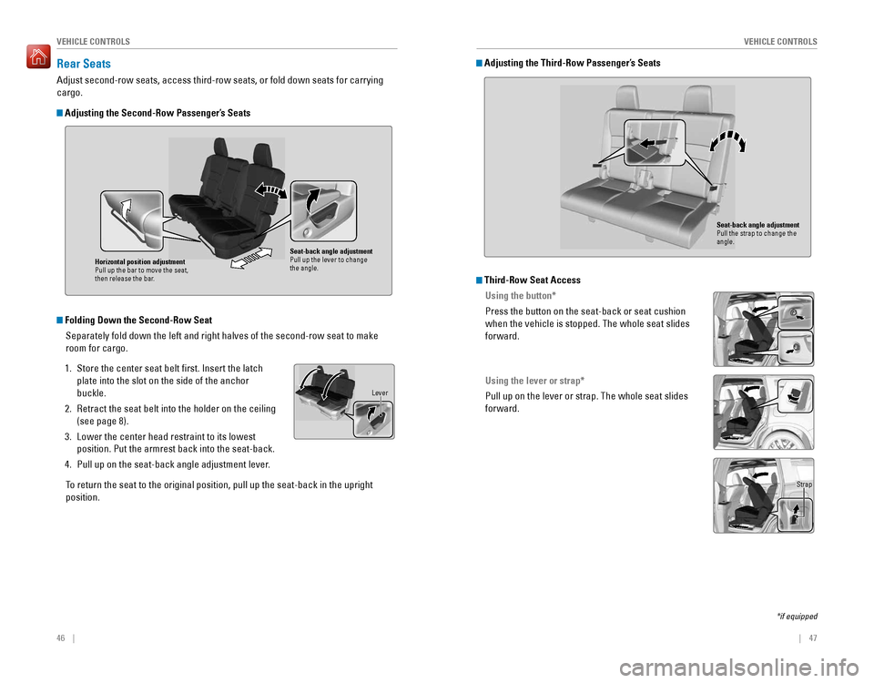 HONDA PILOT 2016 3.G Quick Guide 46 || 47
VEHICLE CONTROLSVEHICLE CONTROLS
Seat-back angle adjustmentPull up the lever to change
the angle.
Horizontal position adjustment
Pull up the bar to move the seat,
then release HONDA PILOT 2016 3.G Quick Guide 46 || 47
VEHICLE CONTROLSVEHICLE CONTROLS
Seat-back angle adjustmentPull up the lever to change
the angle.
Horizontal position adjustment
Pull up the bar to move the seat,
then release