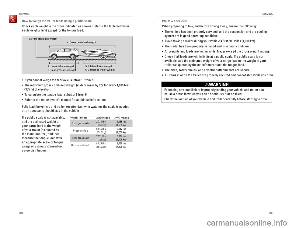 HONDA PILOT 2016 3.G Quick Guide 104 || 105
DRIVING
DRIVING
How to weigh the trailer loads using a public scale
Check each weight in the order indicated as shown. Refer to the table be\
low for
each weight’s limit exc HONDA PILOT 2016 3.G Quick Guide 104 || 105
DRIVING
DRIVING
How to weigh the trailer loads using a public scale
Check each weight in the order indicated as shown. Refer to the table be\
low for
each weight’s limit exc