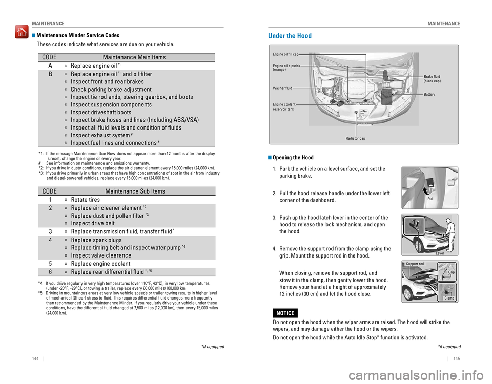 HONDA PILOT 2016 3.G Quick Guide 144 || 145
MAINTENANCE
MAINTENANCE
Maintenance Minder Service Codes
These codes indicate what services are due on your vehicle.
*1: If the message Maintenance Due Now does not appear m HONDA PILOT 2016 3.G Quick Guide 144 || 145
MAINTENANCE
MAINTENANCE
Maintenance Minder Service Codes
These codes indicate what services are due on your vehicle.
*1: If the message Maintenance Due Now does not appear m