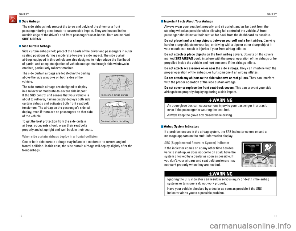 HONDA PILOT 2016 3.G Quick Guide 10    ||    11
       SAFETYSAFETY
 Side Airbags
The side airbags help protect the torso and pelvis of the driver or a fr\
ont 
passenger during a moderate-to-severe side impact. They are housed in th