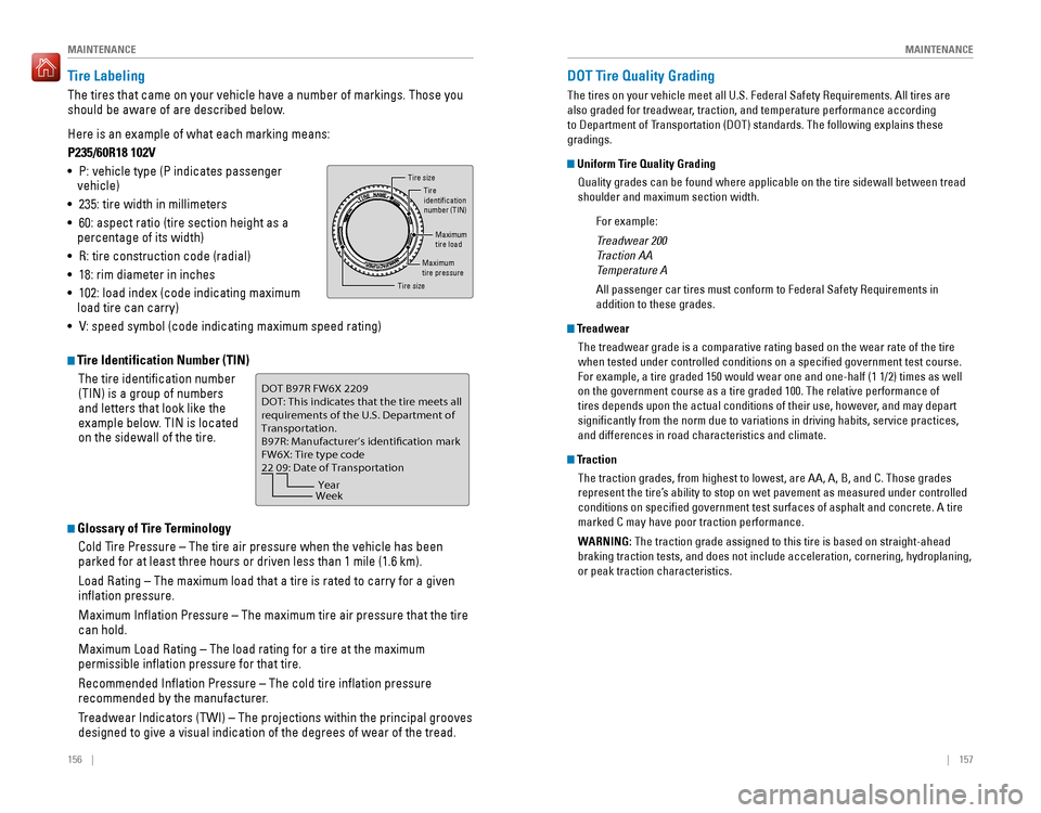 HONDA PILOT 2016 3.G Quick Guide 156    ||    157
       MAINTENANCE
MAINTENANCE
Tire Labeling
The tires that came on your vehicle have a number of markings. Those you\
 
should be aware of are described below.
Here is an example of 