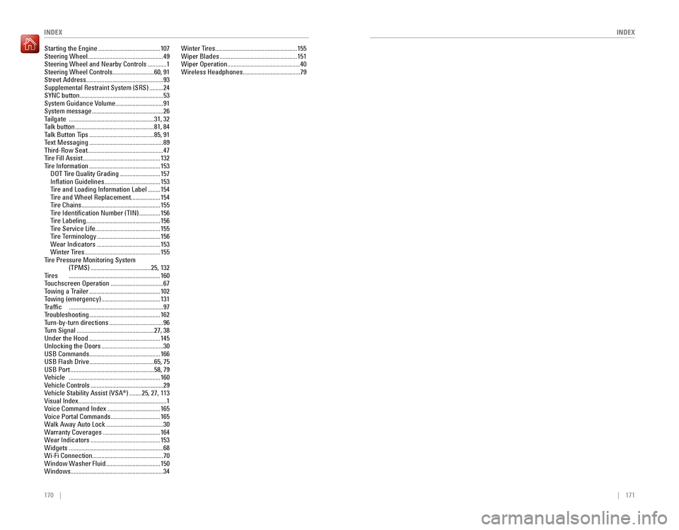 HONDA PILOT 2016 3.G Quick Guide 170    ||    171
       INDEX
INDEX
Starting the Engine ........................................107
Steering Wheel ................................................. 49
Steering Wheel and Nearby Contro