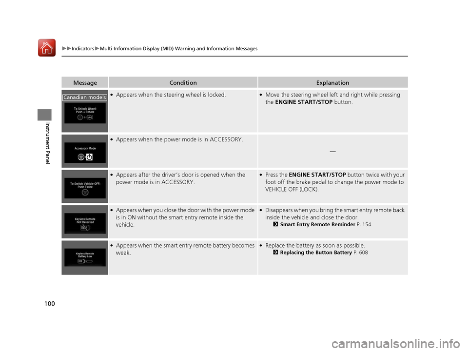 HONDA PILOT 2017 3.G Owners Manual 100
uuIndicators uMulti-Information Display (MID) Warning and Information Messages
Instrument Panel
MessageConditionExplanation
●Appears when the steering wheel is locked.●Move the steering wheel HONDA PILOT 2017 3.G Owners Manual 100
uuIndicators uMulti-Information Display (MID) Warning and Information Messages
Instrument Panel
MessageConditionExplanation
●Appears when the steering wheel is locked.●Move the steering wheel