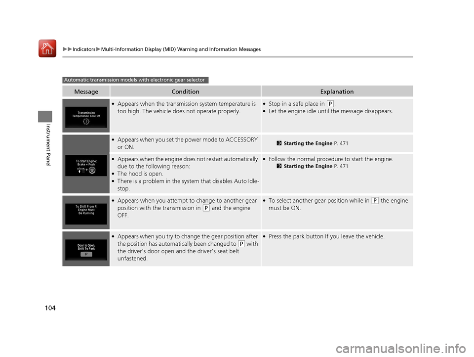 HONDA PILOT 2017 3.G Owners Manual 104
uuIndicators uMulti-Information Display (MID) Warning and Information Messages
Instrument Panel
MessageConditionExplanation
●Appears when the transmission system temperature is
too high. The ve HONDA PILOT 2017 3.G Owners Manual 104
uuIndicators uMulti-Information Display (MID) Warning and Information Messages
Instrument Panel
MessageConditionExplanation
●Appears when the transmission system temperature is
too high. The ve