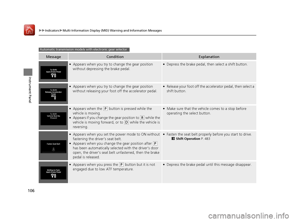 HONDA PILOT 2017 3.G Owners Manual 106
uuIndicators uMulti-Information Display (MID) Warning and Information Messages
Instrument Panel
MessageConditionExplanation
●Appears when you try to ch ange the gear position 
without depressing