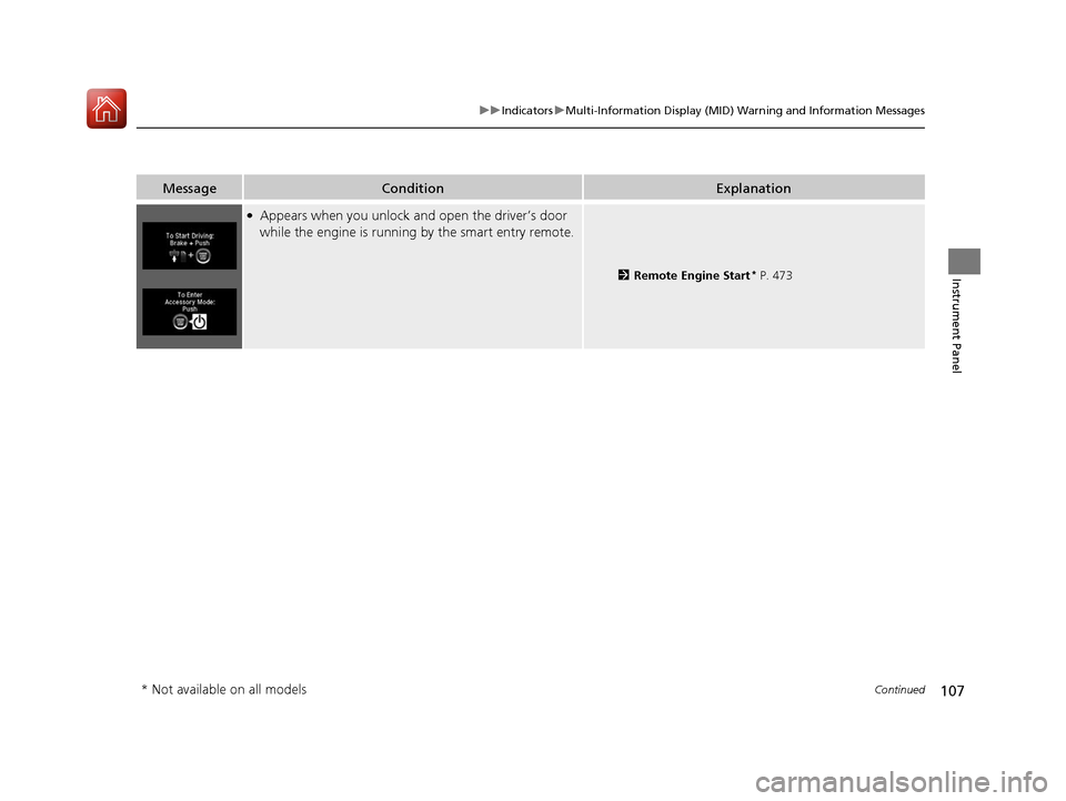 HONDA PILOT 2017 3.G Owners Guide 107
uuIndicators uMulti-Information Display (MID) Warning and Information Messages
Continued
Instrument Panel
MessageConditionExplanation
●Appears when you unlock an d open the driver’s door 
whil