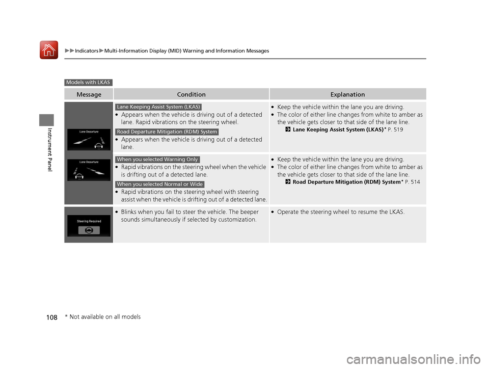 HONDA PILOT 2017 3.G Owners Manual 108
uuIndicators uMulti-Information Display (MID) Warning and Information Messages
Instrument Panel
MessageConditionExplanation
●Appears when the vehicle is driving out of a detected
lane. Rapid vi HONDA PILOT 2017 3.G Owners Manual 108
uuIndicators uMulti-Information Display (MID) Warning and Information Messages
Instrument Panel
MessageConditionExplanation
●Appears when the vehicle is driving out of a detected
lane. Rapid vi