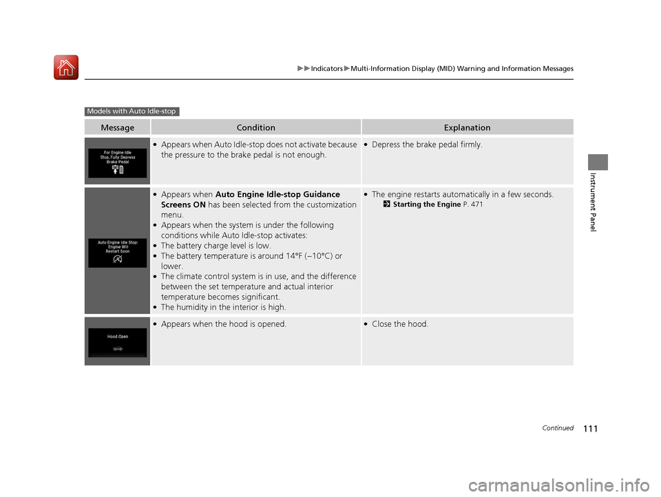 HONDA PILOT 2017 3.G Owners Manual 111
uuIndicators uMulti-Information Display (MID) Warning and Information Messages
Continued
Instrument Panel
MessageConditionExplanation
●Appears when Auto Idle-sto p does not activate because
the HONDA PILOT 2017 3.G Owners Manual 111
uuIndicators uMulti-Information Display (MID) Warning and Information Messages
Continued
Instrument Panel
MessageConditionExplanation
●Appears when Auto Idle-sto p does not activate because
the