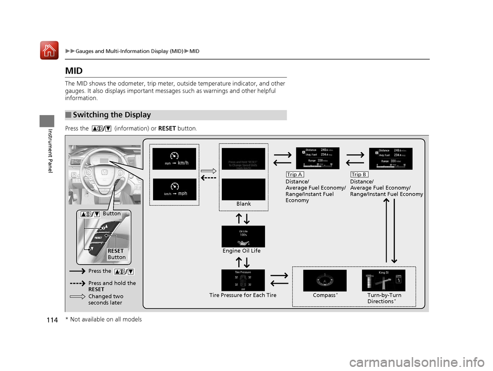 HONDA PILOT 2017 3.G Service Manual 114
uuGauges and Multi-Information Display (MID) uMID
Instrument Panel
MID
The MID shows the odometer, trip meter, ou tside temperature indicator, and other 
gauges. It also displays important message