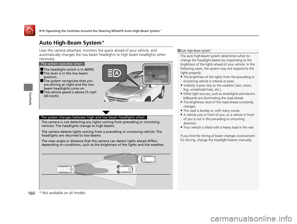 HONDA PILOT 2017 3.G Owners Manual 160
uuOperating the Switches Around the Steering Wheel uAuto High-Beam System*
Controls
Auto High-Beam System*
Uses the camera attached, monitors the space ahead of yo ur vehicle, and 
automatically c