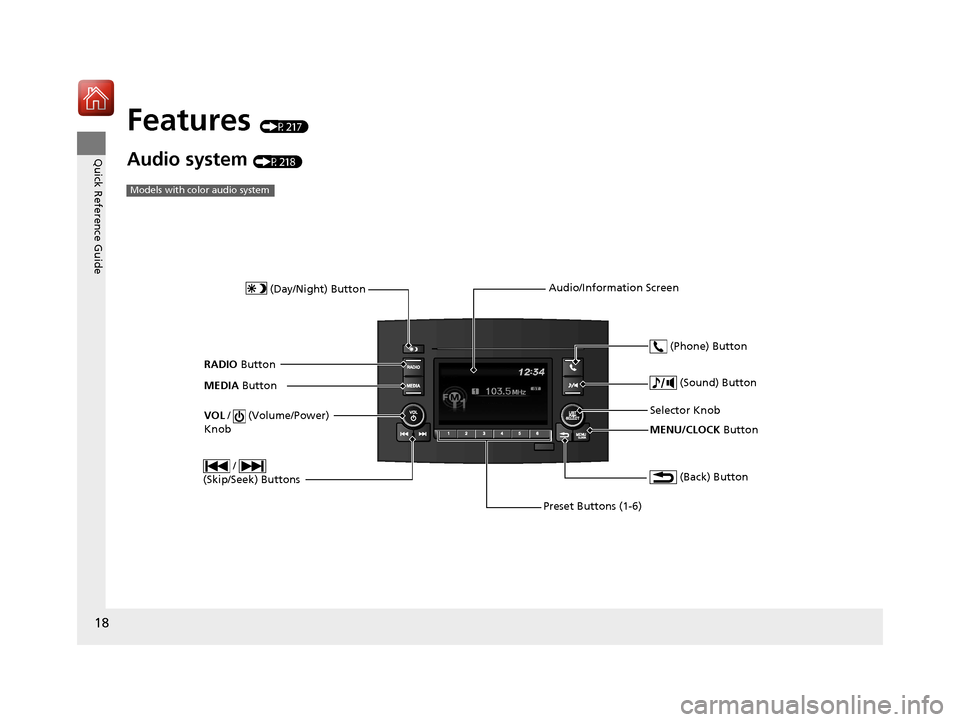 HONDA PILOT 2017 3.G Owners Manual 18
Quick Reference Guide
Features (P217)
Audio system (P218)
Models with color audio system
MENU/CLOCK Button
Selector Knob
 (Day/Night) Button
 (Back) Button
 (Sound) Button
VOL
 /   (Volume/Power) 
