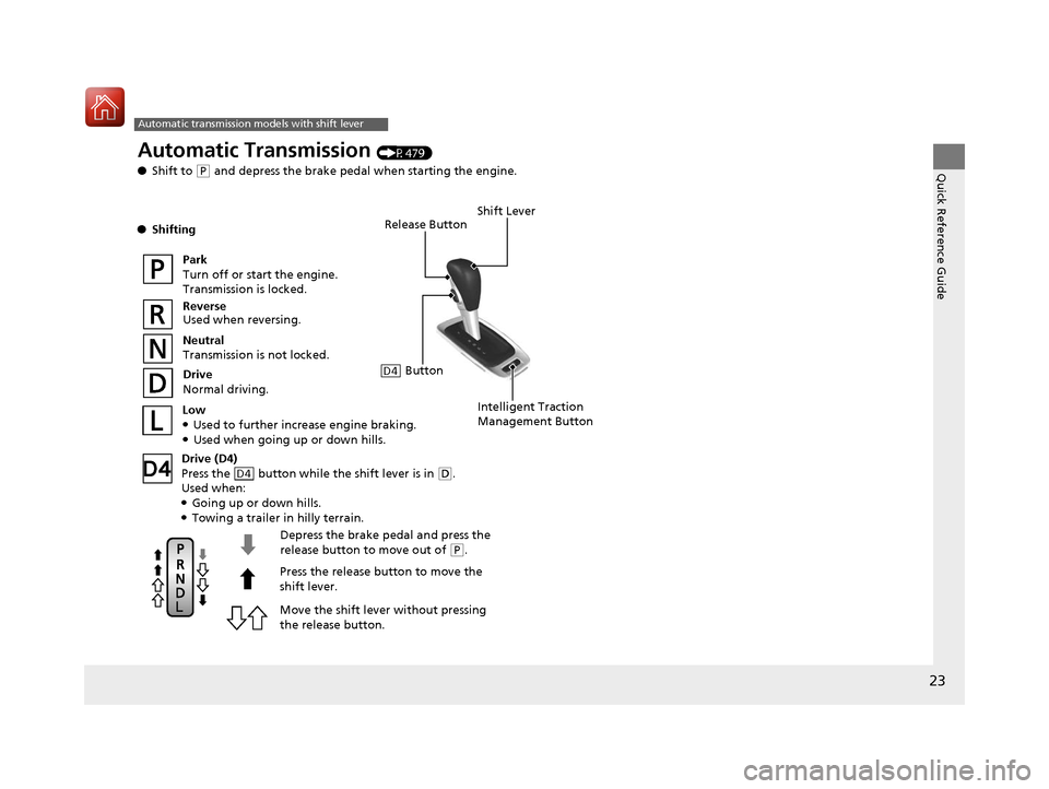 HONDA PILOT 2017 3.G Owners Manual 23
Quick Reference Guide
Automatic transmission models with shift lever
Release Button
Depress the brake pedal and press the
release button to move out of
( P.
Move the shift lever without pressing HONDA PILOT 2017 3.G Owners Manual 23
Quick Reference Guide
Automatic transmission models with shift lever
Release Button
Depress the brake pedal and press the
release button to move out of
( P.
Move the shift lever without pressing