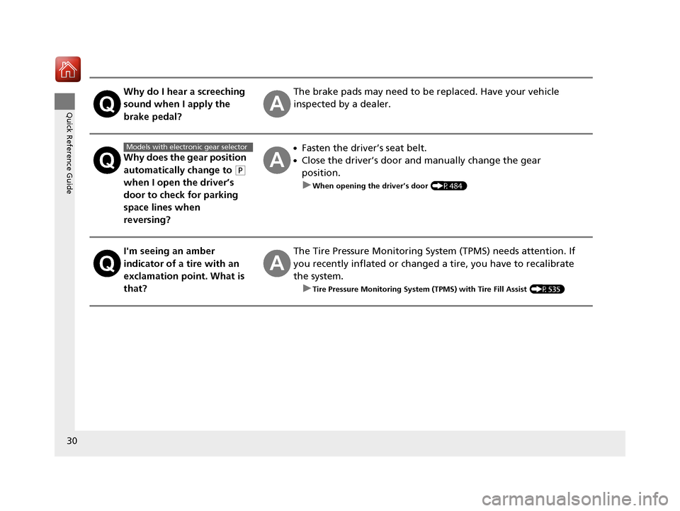 HONDA PILOT 2017 3.G Owners Manual 30
Quick Reference Guide
Why do I hear a screeching 
sound when I apply the 
brake pedal?The brake pads may need to be replaced. Have your vehicle 
inspected by a dealer.
Why does the gear position 
a