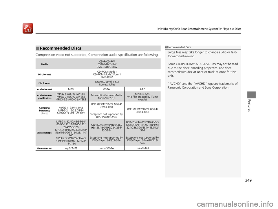 HONDA PILOT 2017 3.G Owners Manual 349
uuBlu-ray/DVD Rear Entertainment System*uPlayable Discs
Features
Compression video not supported, Compression audio specification are following.
■Recommended Discs
MediaCD-R/CD-RW
DVD-R/DVD-RW
D