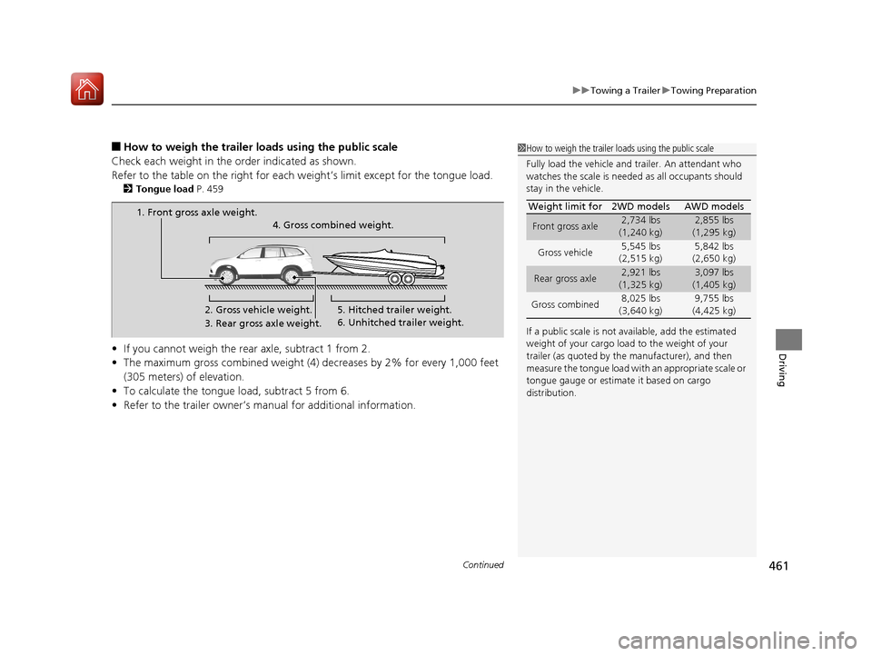 HONDA PILOT 2017 3.G Owners Manual Continued461
uuTowing a Trailer uTowing Preparation
Driving
■How to weigh the trailer load s using the public scale
Check each weight in the order indicated as shown.
Refer to the table on the right