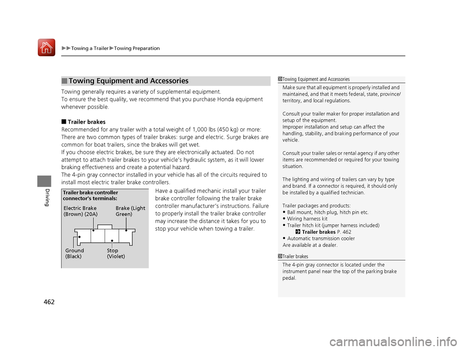 HONDA PILOT 2017 3.G Workshop Manual uuTowing a Trailer uTowing Preparation
462
Driving
Towing generally requires a variety of supplemental equipment.
To ensure the best quality, we recomme nd that you purchase Honda equipment 
whenever 