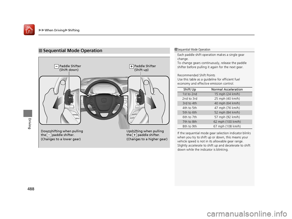 HONDA PILOT 2017 3.G Owners Manual uuWhen Driving uShifting
488
Driving
■Sequential Mode Operation1Sequential Mode Operation
Each paddle shift operation makes a single gear
change.
To change gears continuously, release the paddle
s HONDA PILOT 2017 3.G Owners Manual uuWhen Driving uShifting
488
Driving
■Sequential Mode Operation1Sequential Mode Operation
Each paddle shift operation makes a single gear
change.
To change gears continuously, release the paddle
s