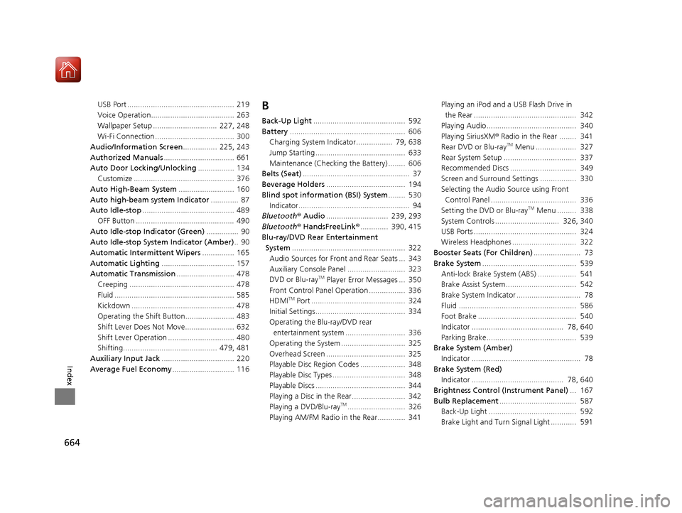HONDA PILOT 2017 3.G Workshop Manual 664
Index
USB Port .................................................. 219
Voice Operation....................................... 263
Wallpaper Setup ..............................  227, 248
Wi-Fi Conn