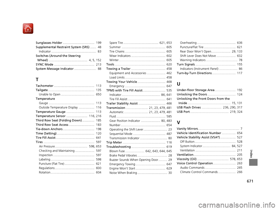 HONDA PILOT 2017 3.G Workshop Manual 671
Index
Sunglasses Holder....................................  199
Supplemental Restraint System (SRS) .......  48
Indicator ...................................................  83
Switches (Around 