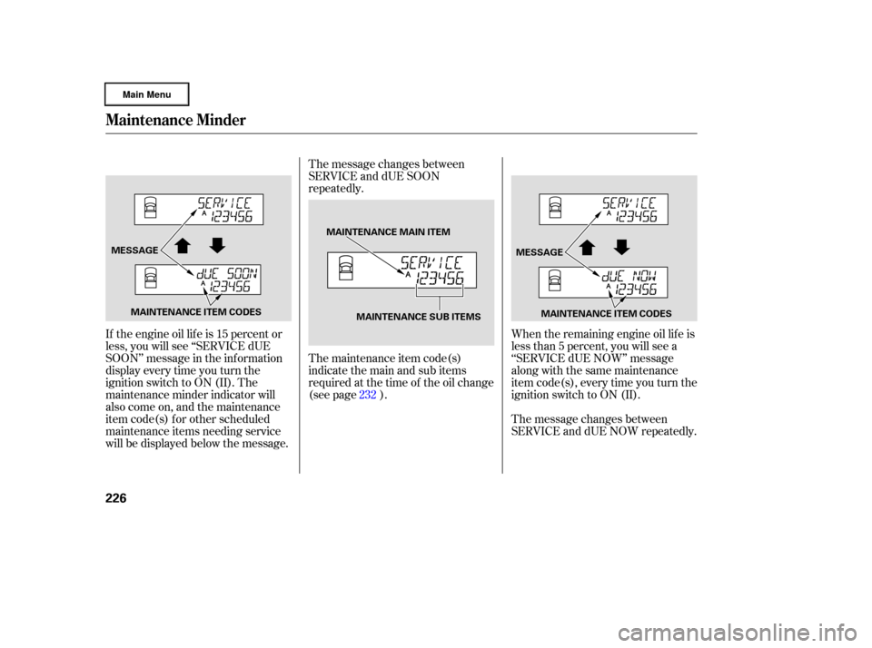 HONDA RIDGELINE 2006 1.G Owners Manual The maintenance item code(s)
indicate the main and sub items
required at the time of the oil change
(see page ).
If the engine oil lif e is 15 percent or
less, you will see ‘‘SERVICE dUE
SOON’