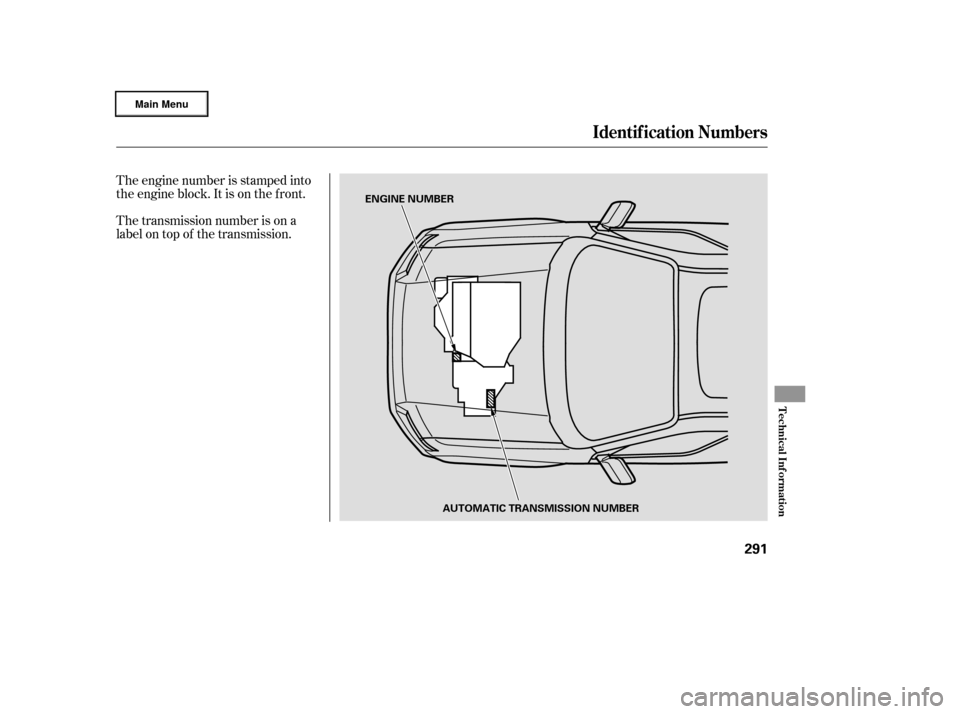 HONDA RIDGELINE 2006 1.G Owners Manual The engine number is stamped into
the engine block. It is on the f ront.
The transmission number is on a
label on top of the transmission.
Identif ication Numbers
Technical Inf ormation
291
ENGINE NUM