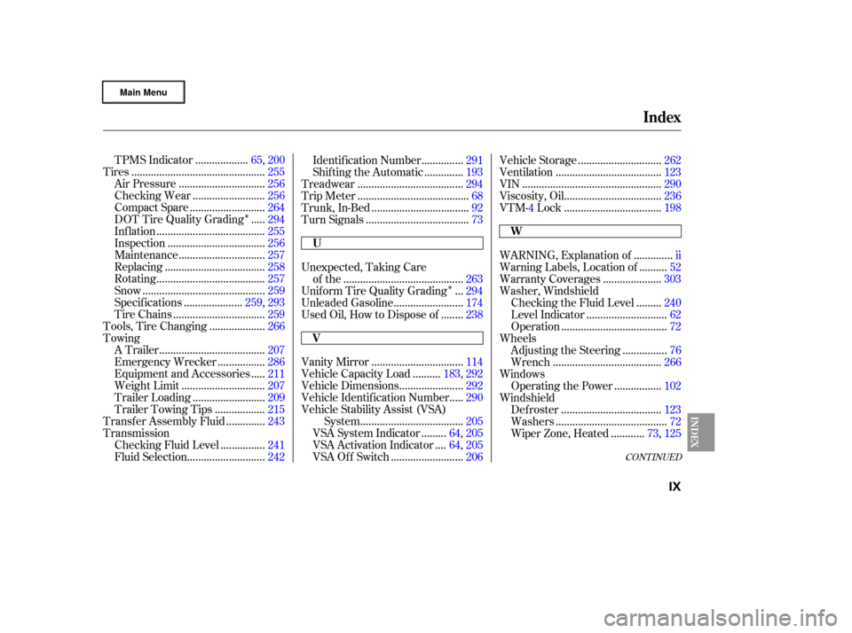 HONDA RIDGELINE 2006 1.G Owners Manual ÎÎ
CONT INUED
..................
TPMS Indicator .65,200
...............................................
Tires .255
..............................
Air Pressure .256
.........................
Checki