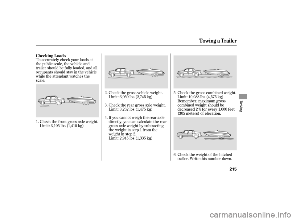 HONDA RIDGELINE 2007 1.G Owners Manual To accurately check your loads at
the public scale, the vehicle and
trailer should be f ully loaded, and all
occupants should stay in the vehicle
while the attendant watches the
scale.Check the f ront
