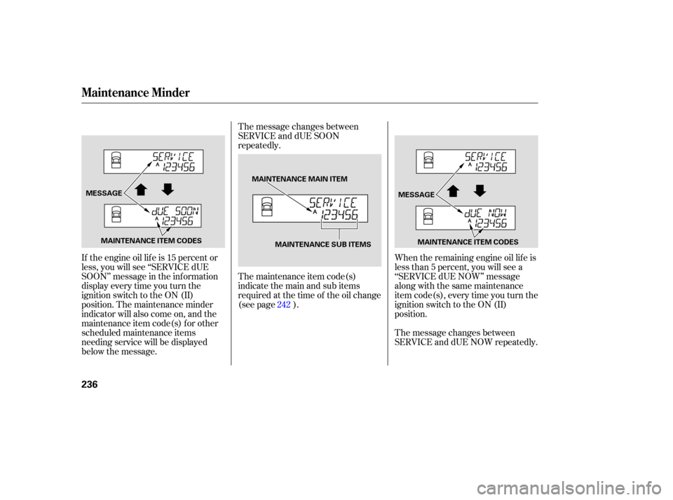 HONDA RIDGELINE 2007 1.G Owners Manual The maintenance  item code(s)
indicate  the main  and sub items
required  at the  time  of the  oil change
(see page ).
If the engine oil lif e is 15 percent or
less, you will see ‘‘SERVICE dUE
SO