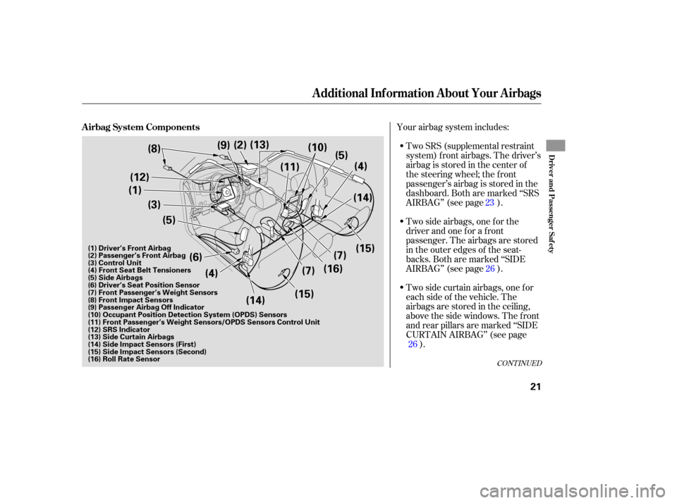 HONDA RIDGELINE 2007 1.G Owners Manual Your airbag system includes:
Two SRS (supplemental restraint
system) front airbags. The driver’s
airbag is stored in the center of
the steering wheel; the front
passenger’sairbagisstor HONDA RIDGELINE 2007 1.G Owners Manual Your airbag system includes:
Two SRS (supplemental restraint
system) front airbags. The driver’s
airbag is stored in the center of
the steering wheel; the front
passenger’sairbagisstor