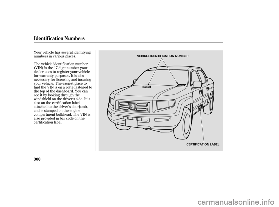 HONDA RIDGELINE 2007 1.G Owners Manual Your vehicle has several identif ying
numbers in various places.
The vehicle identif ication number
(VIN) is the 17-digit number your
dealer uses to register your vehicle
f or warranty purposes. It is
