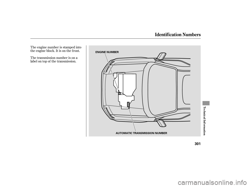 HONDA RIDGELINE 2007 1.G Owners Manual The engine number is stamped into
the engine block. It is on the f ront.
The transmission number is on a
label on top of the transmission.
Identif ication Numbers
Technical Inf ormation
301
ENGINE NUM