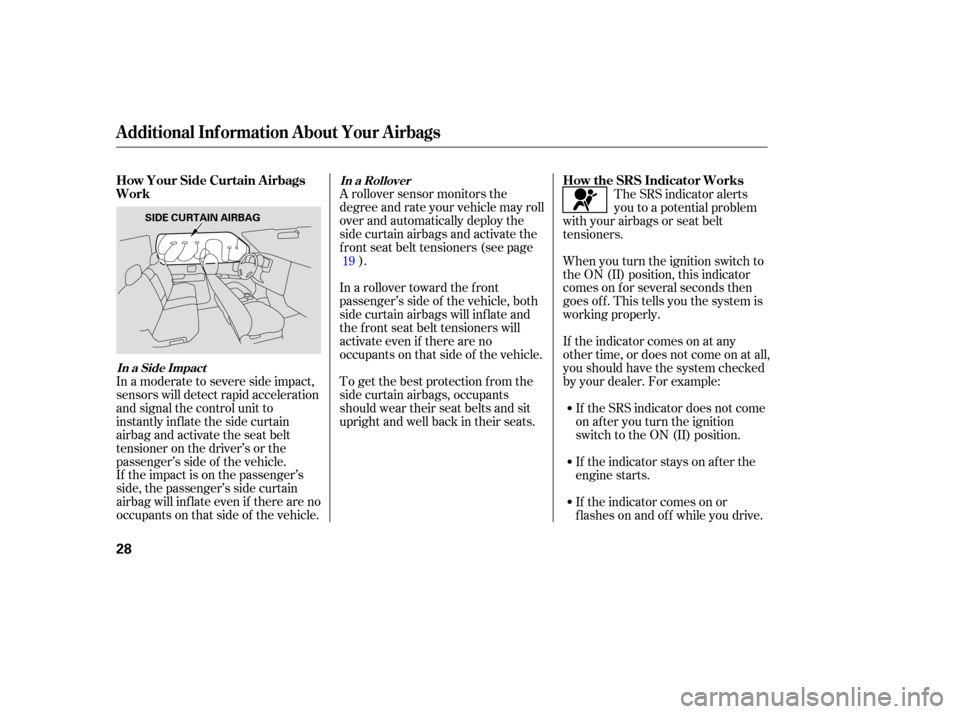 HONDA RIDGELINE 2007 1.G Owners Manual If the  impact  is on  the  passenger’s
side,  the passenger’s  side curtain
airbag  will inflate  even if there  are no
occupants  on that  side  of the  vehicle. A 
rollover  sensor  monitors  t