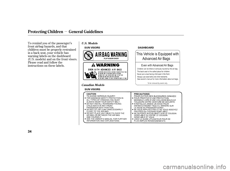 HONDA RIDGELINE 2007 1.G Owners Guide µ
To remind you of the passenger’s
f ront airbag hazards, and that
children must be properly restrained
in a back seat, your vehicle has
warninglabelsonthedashboard
(U.S. models) and on the f ront