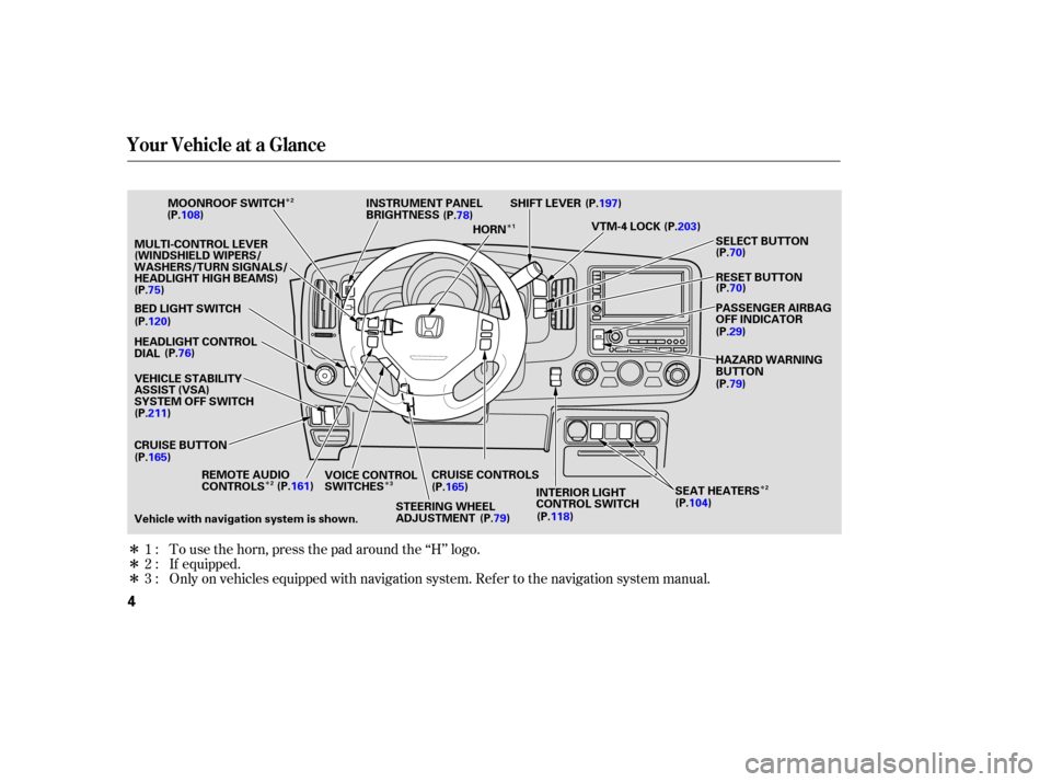 HONDA RIDGELINE 2007 1.G Owners Manual Î
Î
Î Î
Î
Î
Î
Î
To 
use  the horn,  press  the pad  around  the ‘‘H’’  logo.
Only  on vehicles  equipped  with navigation  system. Refer to the  navigation  system manual.
If 
