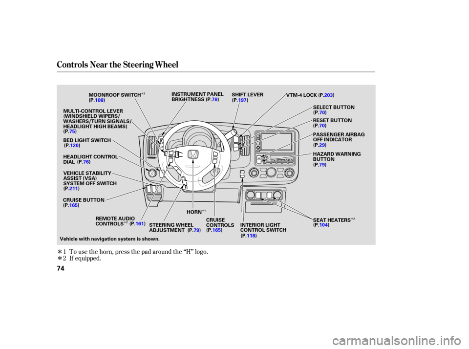 HONDA RIDGELINE 2007 1.G Manual PDF Î
Î
Î Î
Î
Î
To 
use  the horn,  press  the pad  around  the ‘‘H’’  logo.
If  equipped.
1
2
Controls 
Near the Steering  Wheel
74
SHIFT LEVER
CRUISE  BUTTON
CRUISE
CONTROLS
HORN
STE