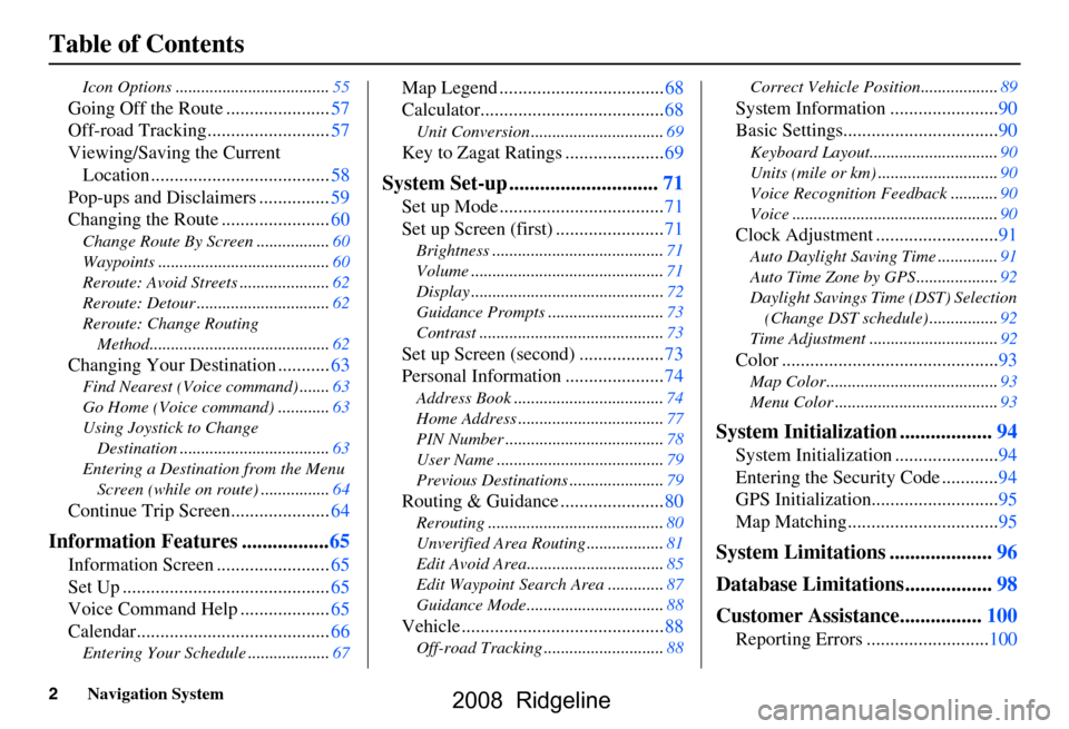 HONDA RIDGELINE 2008 1.G Navigation Manual 2Navigation System
Table of Contents
Icon Options ....................................55
Going Off the Route ......................57 
Off-road Tracking..........................57
Viewing/Saving the 