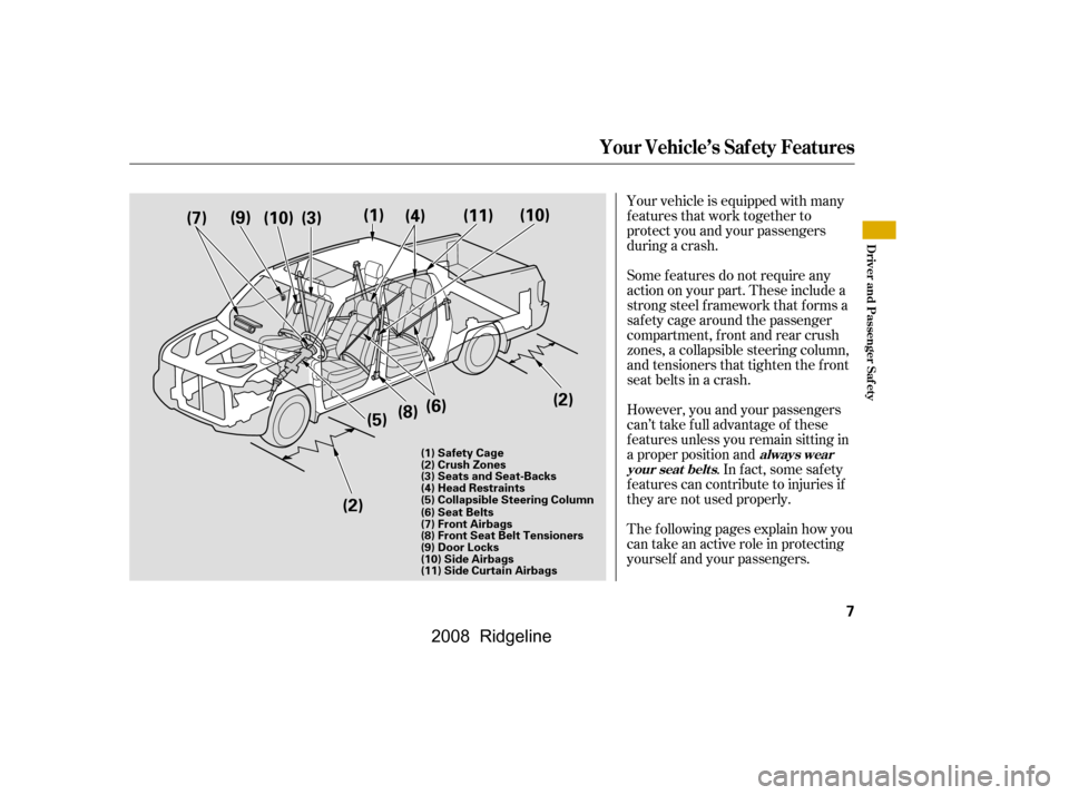 HONDA RIDGELINE 2008 1.G User Guide Your vehicle is equipped with many 
features that work together to
protect you and your passengers 
during a crash. 
Some f eatures do not require any 
action on your part. These include a
strong stee