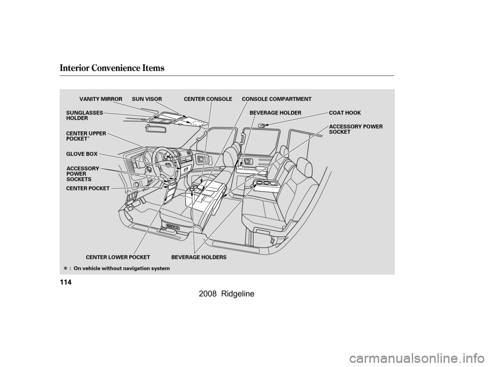 HONDA RIDGELINE 2008 1.G Owners Manual Î
Î
Interior Convenience Items
114
GLOVE BOXVANITY MIRROR SUN VISOR CENTER CONSOLE
BEVERAGE HOLDER
CONSOLE COMPARTMENT
COAT HOOK 
ACCESSORY POWER 
SOCKET
SUNGLASSES
HOLDER 
CENTER UPPER 
POCKET 
C