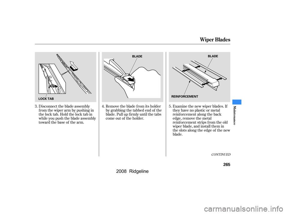 HONDA RIDGELINE 2008 1.G Owners Manual CONT INUED
Disconnect the blade assembly
fromthewiperarmbypushingin
the lock tab. Hold the lock tab in
while you push the blade assembly
toward the base of the arm.Remove the blade f rom its holder HONDA RIDGELINE 2008 1.G Owners Manual CONT INUED
Disconnect the blade assembly
fromthewiperarmbypushingin
the lock tab. Hold the lock tab in
while you push the blade assembly
toward the base of the arm.Remove the blade f rom its holder