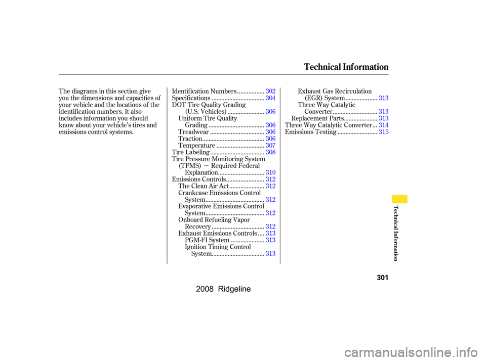 HONDA RIDGELINE 2008 1.G Owners Manual µ
Thediagramsinthissectiongive 
you the dimensions and capacities of
your vehicle and the locations of the
identif ication numbers. It also 
includes inf ormation you should
know about your vehicle