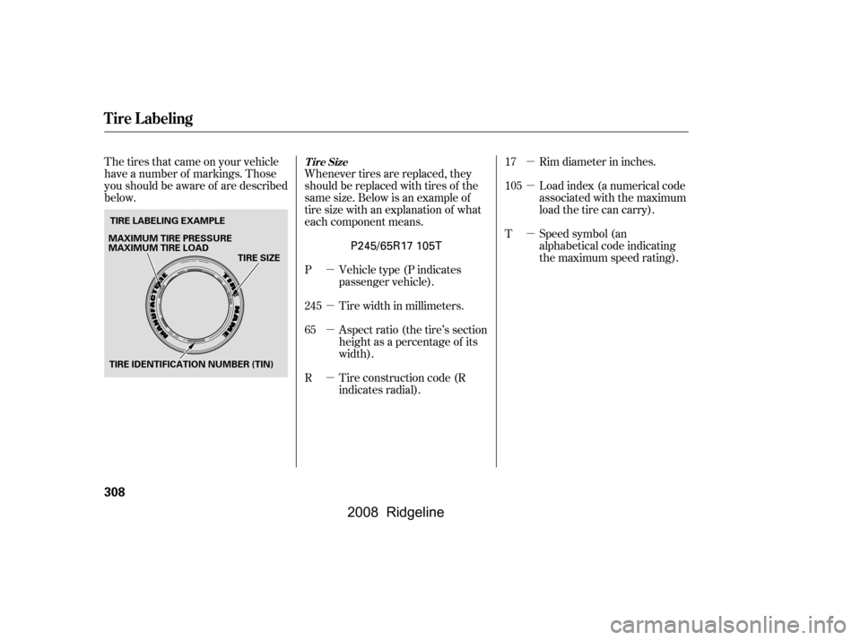 HONDA RIDGELINE 2008 1.G Owners Manual µ 
µ 
µ
µ 
µ 
µ 
µ
The tires that came on your vehicle 
have a number of markings. Those
you should be aware of are described 
below.
Rim diameter in inches. 
Load index (a numerical cod