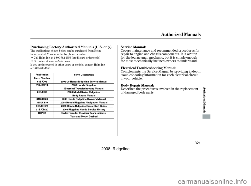 HONDA RIDGELINE 2008 1.G Owners Manual T he publications shown below can be purchased f rom Helm 
Incorporated. You can order by phone or online:Call Helm Inc. at 1-800-782-4356 (credit card orders only)
Go online at
If you are interested 