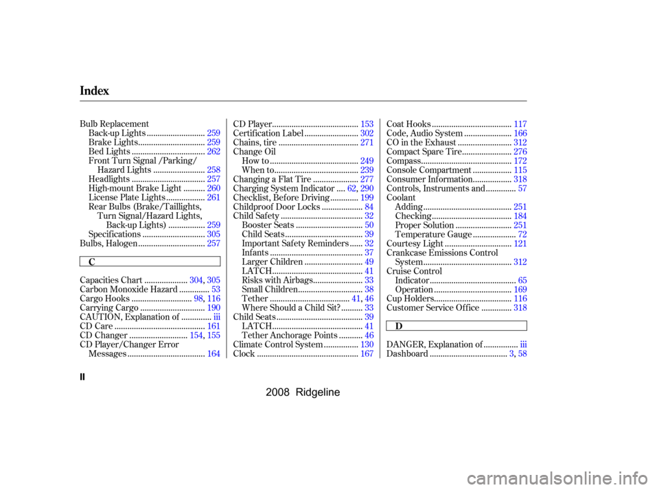 HONDA RIDGELINE 2008 1.G Owners Manual 
...............
DANGER, Explanation of .iii
...................................
Dashboard .3,58
Bulb Replacement
..........................
Back-up Lights .259
..............................
Brake Li