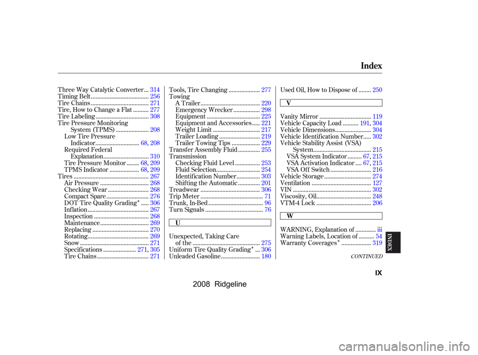 HONDA RIDGELINE 2008 1.G Owners Manual 
ÎÎÎ
CONT INUED
..
Three Way Catalytic Converter .314
....................................
Timing Belt .256
....................................
Tire Chains .271
.........
Tire, How to Change a 